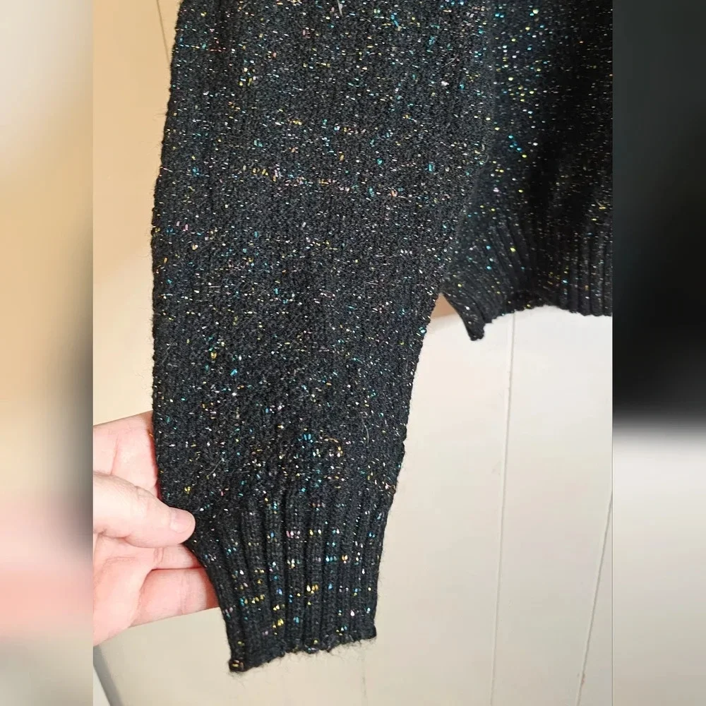 Vintage Southern Lights Black Sparkle Acrylic Sweater, Womens Petite Large